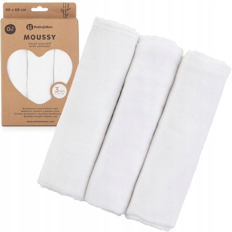 Zestaw pieluszek z muślinu bambusowego 3 szt Moussy biały 68x68 cm