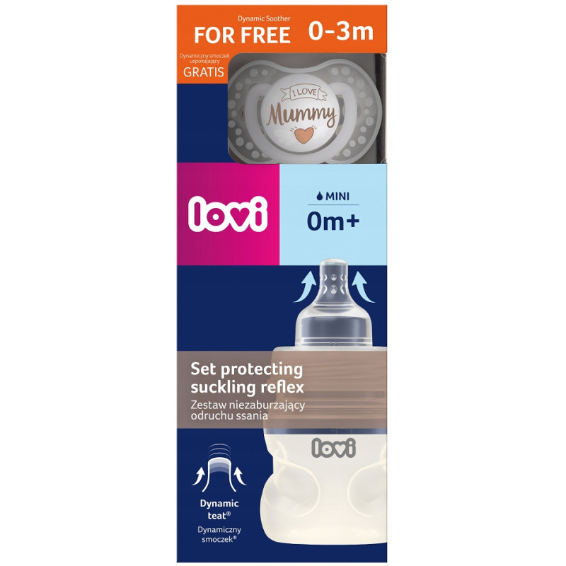 ZESTAW BUTELKA LOVI MEDICAL 150ml + SMOCZEK DYNAMICZNY 0m+ 0437