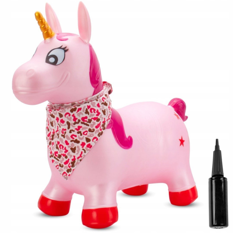 SUN BABY gumowy skoczek  + pompka jednorożec 60 cm różowy perłowy z bandaną