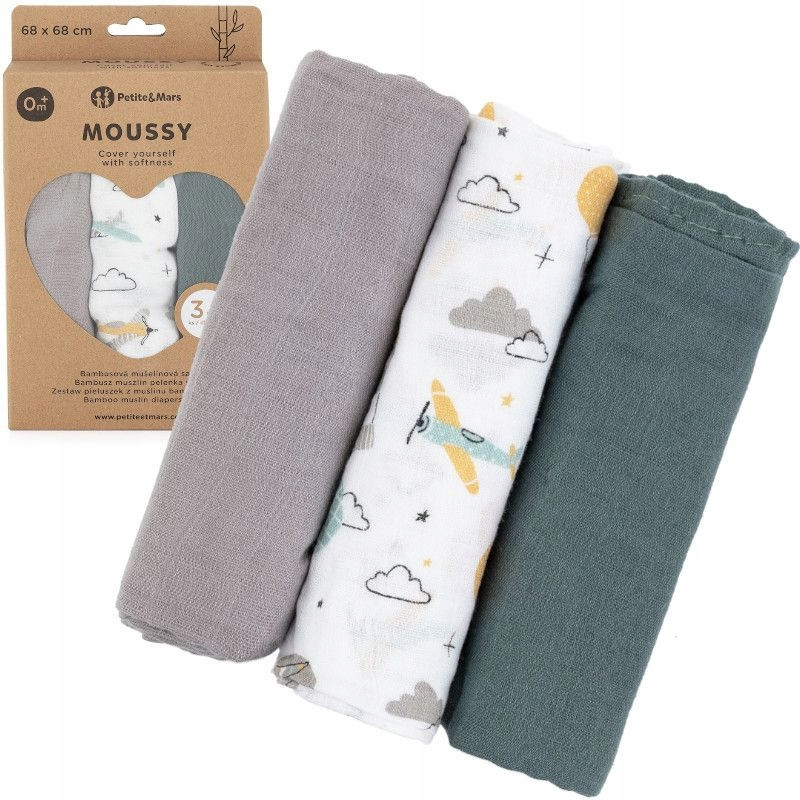 PETITE&MARS Zestaw pieluszek bambusowych 3 szt Grey Planes
