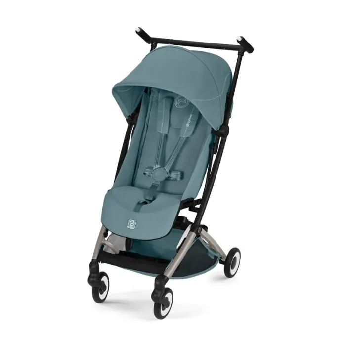 Granatowy wózek spacerowy Cybex Libelle Stormy Blue na stelażu Taupe – widok boczny