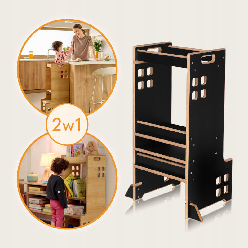 KITCHEN HELPER POMOCNIK KUCHENNY MONTESSORI + Biblioteczka 2w1 LIONELO CASS Black Onyx