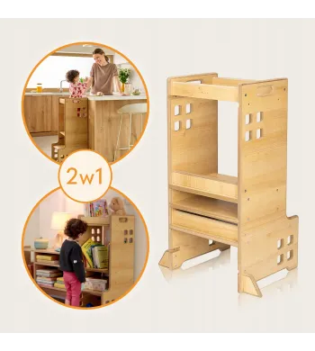 KITCHEN HELPER POMOCNIK KUCHENNY MONTESSORI + Biblioteczka 2w1 LIONELO CASS  Natural