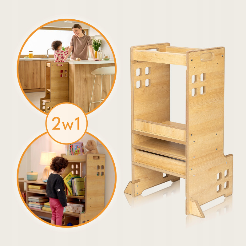 KITCHEN HELPER POMOCNIK KUCHENNY MONTESSORI + Biblioteczka 2w1 LIONELO CASS  Natural