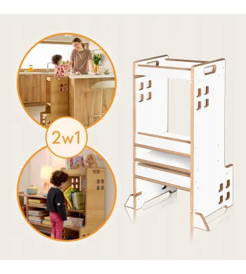 KITCHEN HELPER POMOCNIK KUCHENNY MONTESSORI + Biblioteczka 2w1 LIONELO CASS  White