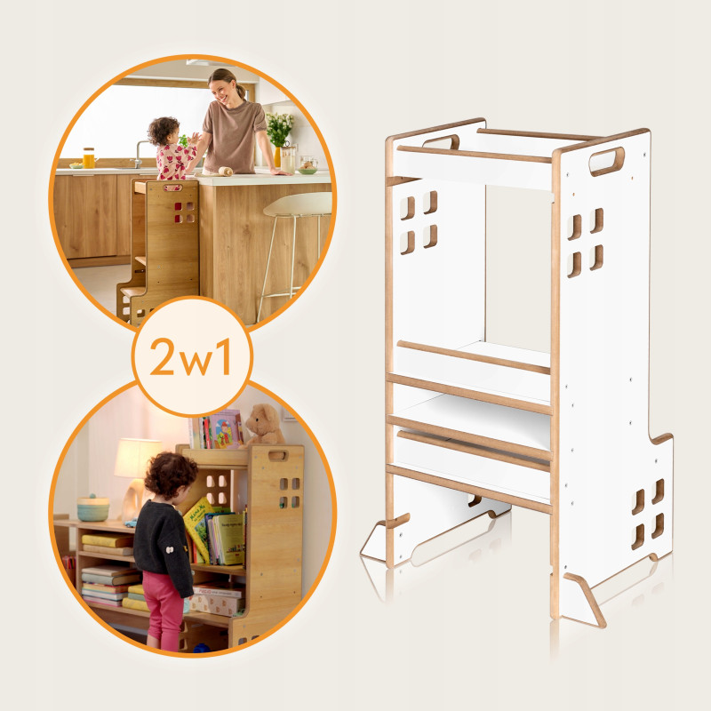 KITCHEN HELPER POMOCNIK KUCHENNY MONTESSORI + Biblioteczka 2w1 LIONELO CASS  White